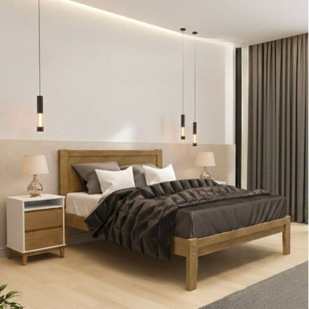 Conjunto Cama Casal 1,60 + 2 mesas de cabeceira – Madeira Maciça e MDF - Linha Prata Finestra Móveis Off White/Freijó
