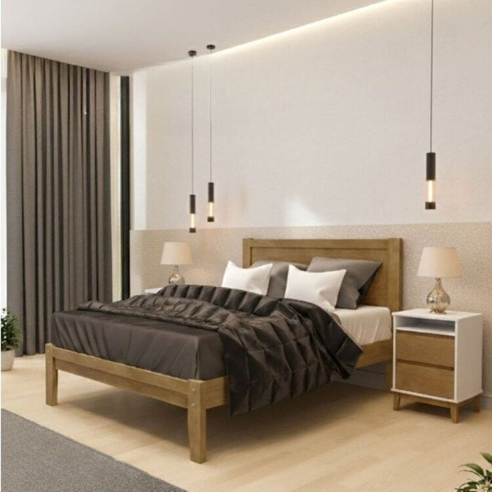Conjunto Cama Casal 1,40 + 2 Mesas de Cabeceira – Madeira Maciça e MDF - Linha Prata Finestra Móveis Off White/Freijó