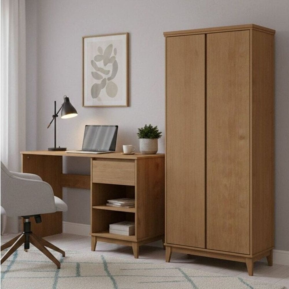 Conjunto Armário Organizador + Escrivaninha – Madeira Maciça e Mdf - Linha Prata Finestra Móveis Freijó