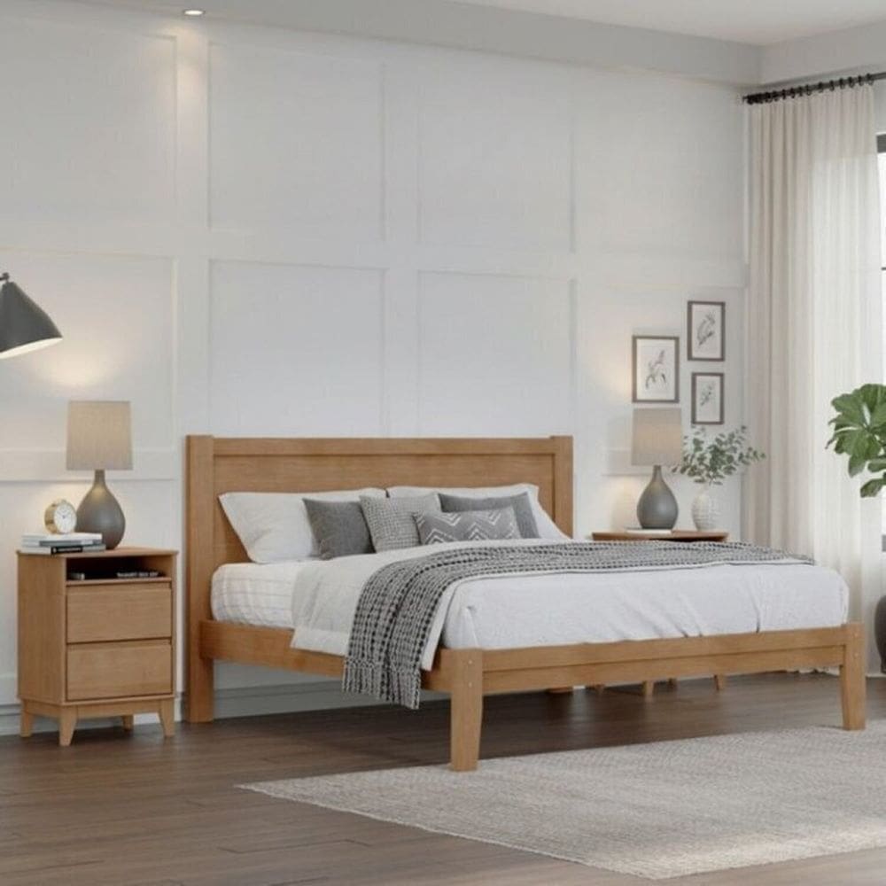 Conjunto Cama Casal 1,60 + 2 mesas de cabeceira – Madeira Maciça e MDF - Linha Prata Finestra Móveis Freijó