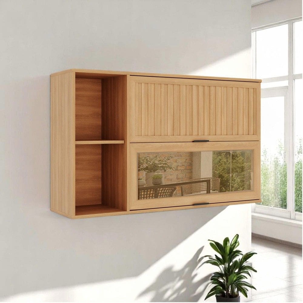 Armário Aéreo Castanha 1200mm 1 Porta Ripada e 1 Porta de Vidro Cinza/Freijó