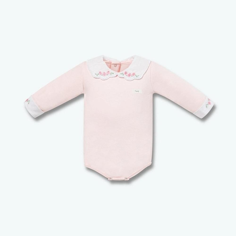 Body Longo Hug Com Gola Bordada Flores Rosa Magia