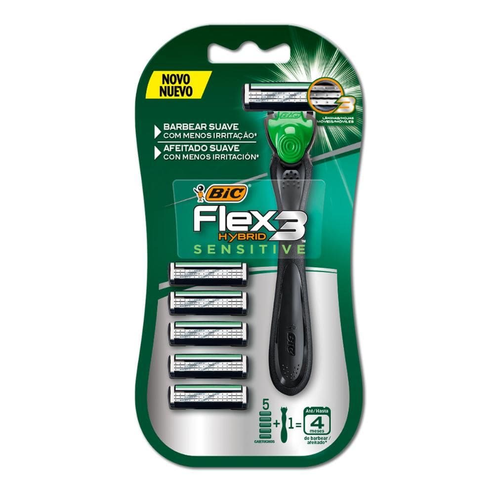 Barbeador descartável Flex3 recarregável + 5 lâminas Bic
