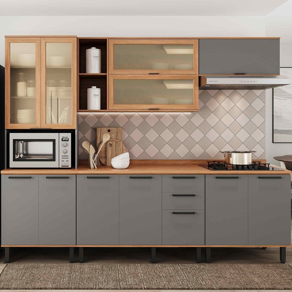 Armário de Cozinha Completo Castanha 2700mm 5 Peças Cinza/Freijó