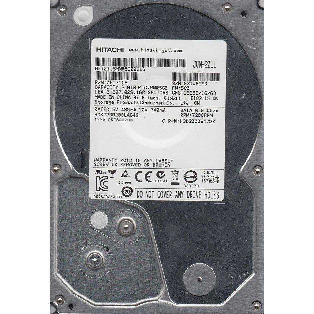 Hd Sata Hitachi 2Tb 7.2K 3.5 0F12115 Hds723020Bla642