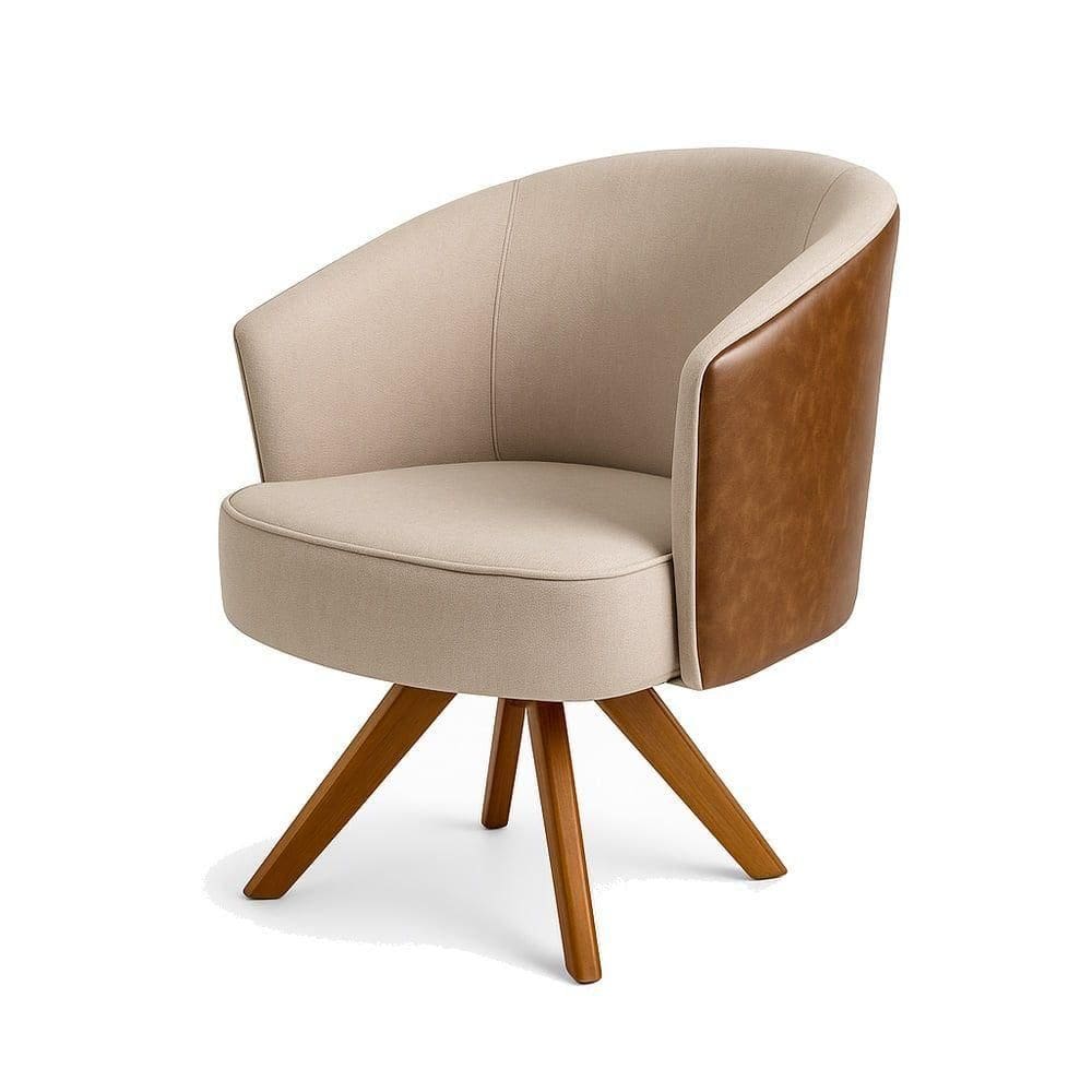 Poltrona Julia Giratoria Com Couro Pes Madeira - Luxo Decor Bege-couro