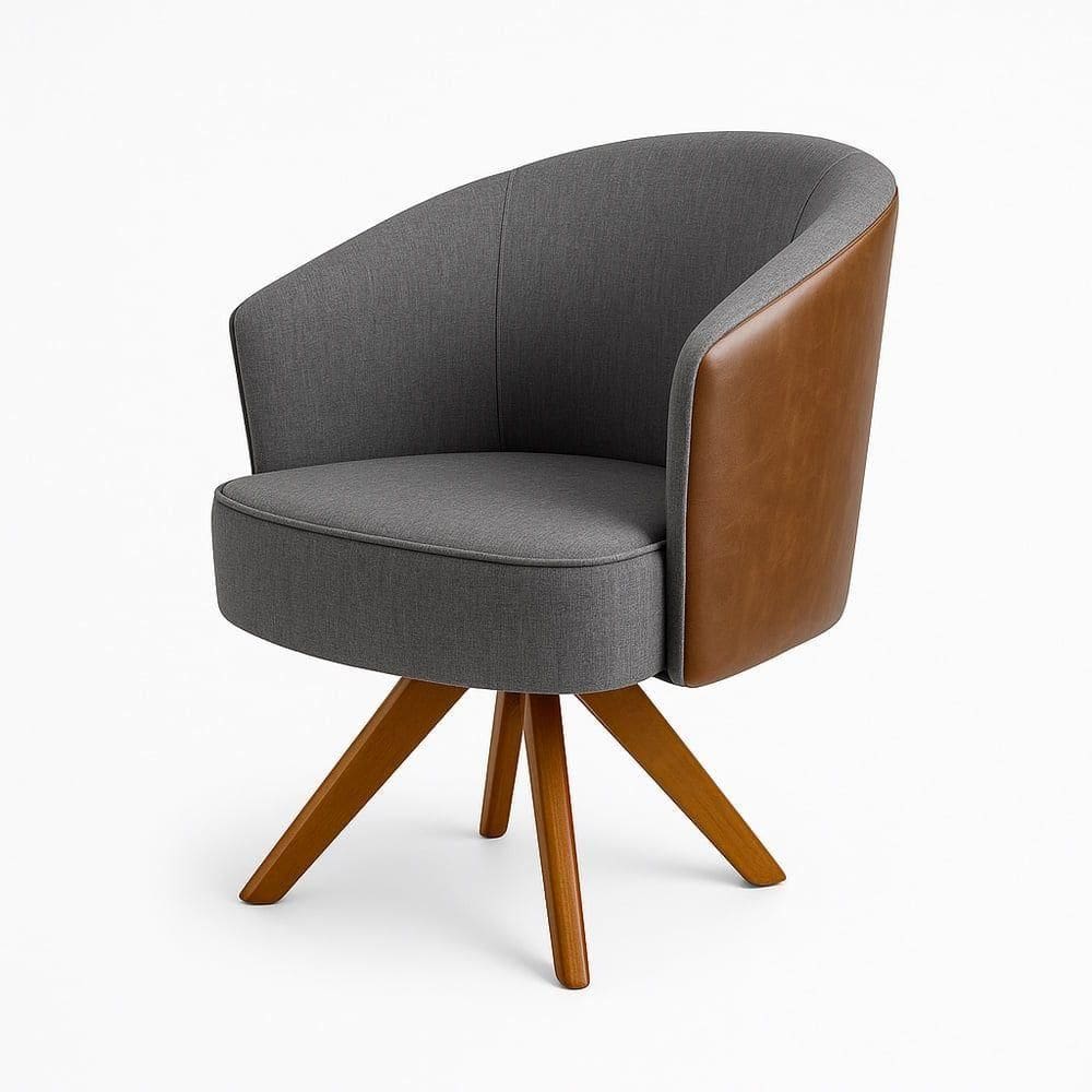 Poltrona Julia Giratoria Com Couro Pes Madeira - Luxo Decor Cinza-couro