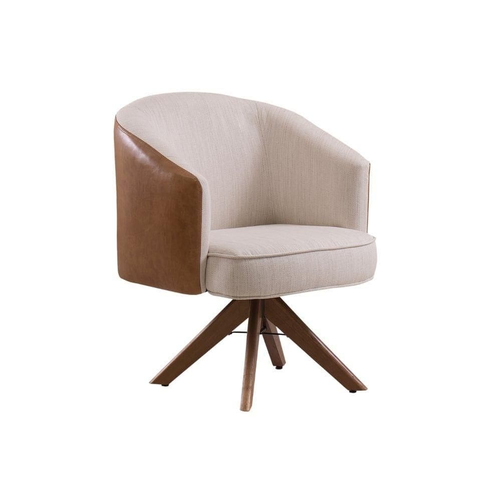 Poltrona Julia Giratoria Com Couro Pes Madeira - Luxo Decor Off White-couro