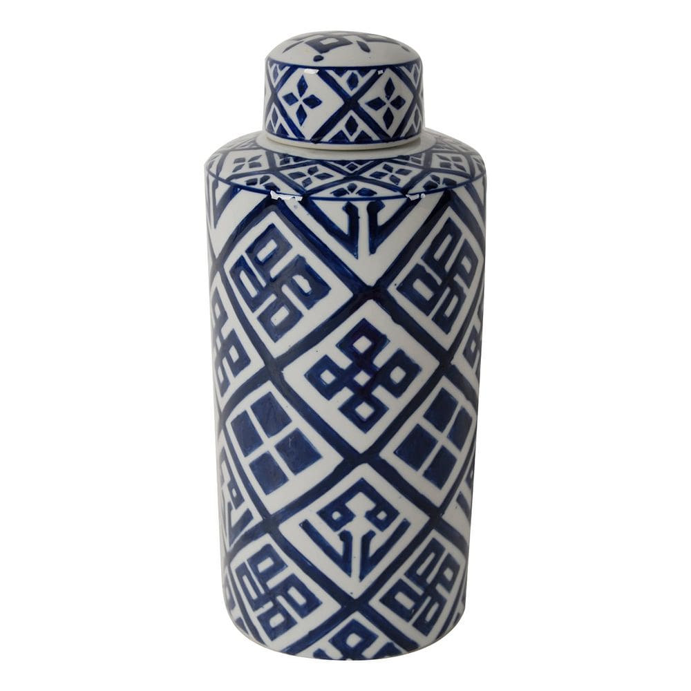 Frasco Benzara 35 cm de porcelana azul branca com tampa