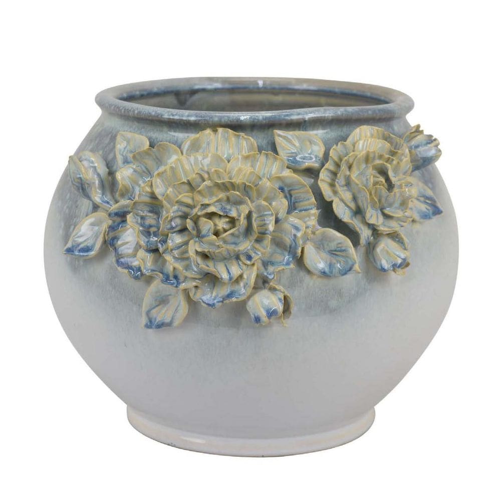 Plantador Benzara Rox 30cm com design floral em cerâmica branca