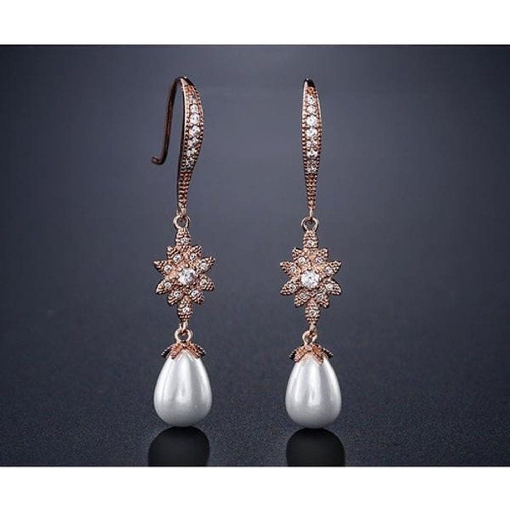 Brinco Noiva Zirconia Perola Pendurado Dourado Rosê Festa