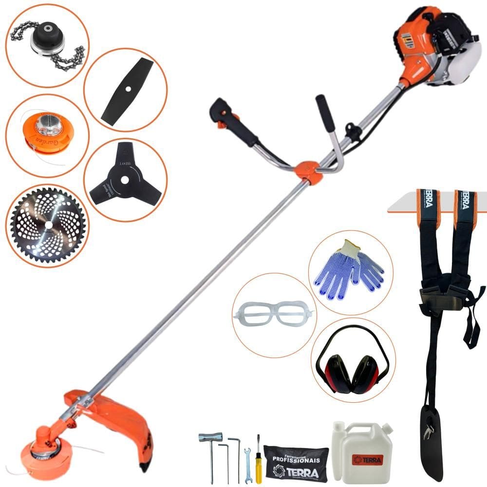 Roçadeira Terra GR520XP À Gasolina 2T 52cc 2,5HP 5 Em 1 C/ Carretel de Nylon e Faca 40 Dentes de Vídea + Faca 2 Pontas + Faca 3 Pontas + Trimmer + EPI