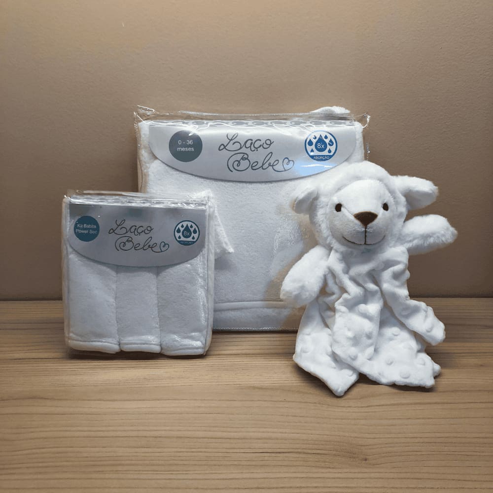 Kit com Naninha Ovelha + Toalha com Capuz + 3 Babitas Branco - Laço Bebê
