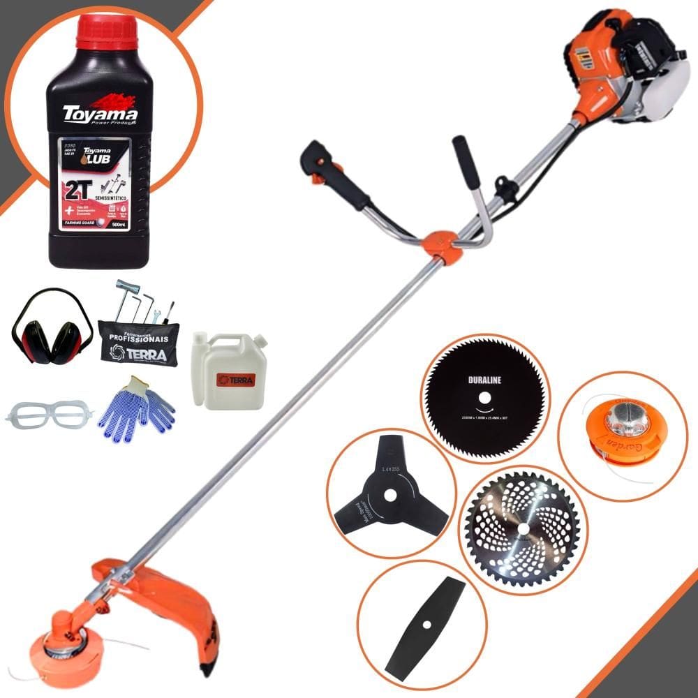 Roçadeira Terra GR520XP 52cc 2,5HP Com Carretel + Lâmina Facão + Lâmina 3 Pontas + Lâmina 40 Dentes Videa + Lâmina 80 Dentes + ÓLEO TOYAMA 2T + EPI