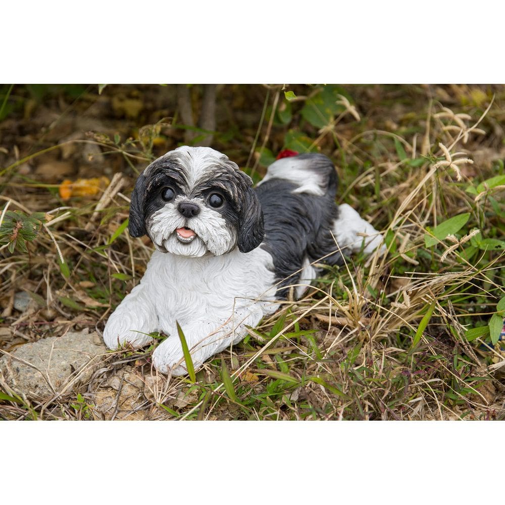 Escultura RUNADI Shih Tzu Preto Branco Deitado