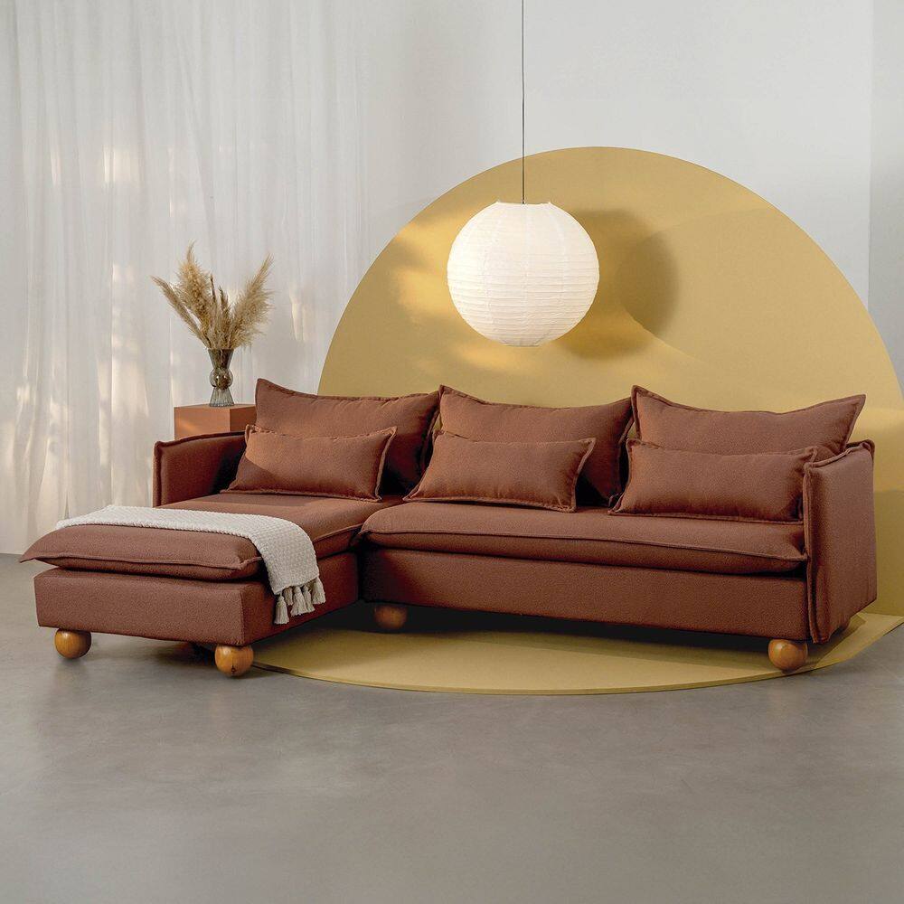 Sofá Modular 3 Lugares com Chaise e Pé Bolinha Sôma Cabecasa Madeiramadeira Mocha Mousse
