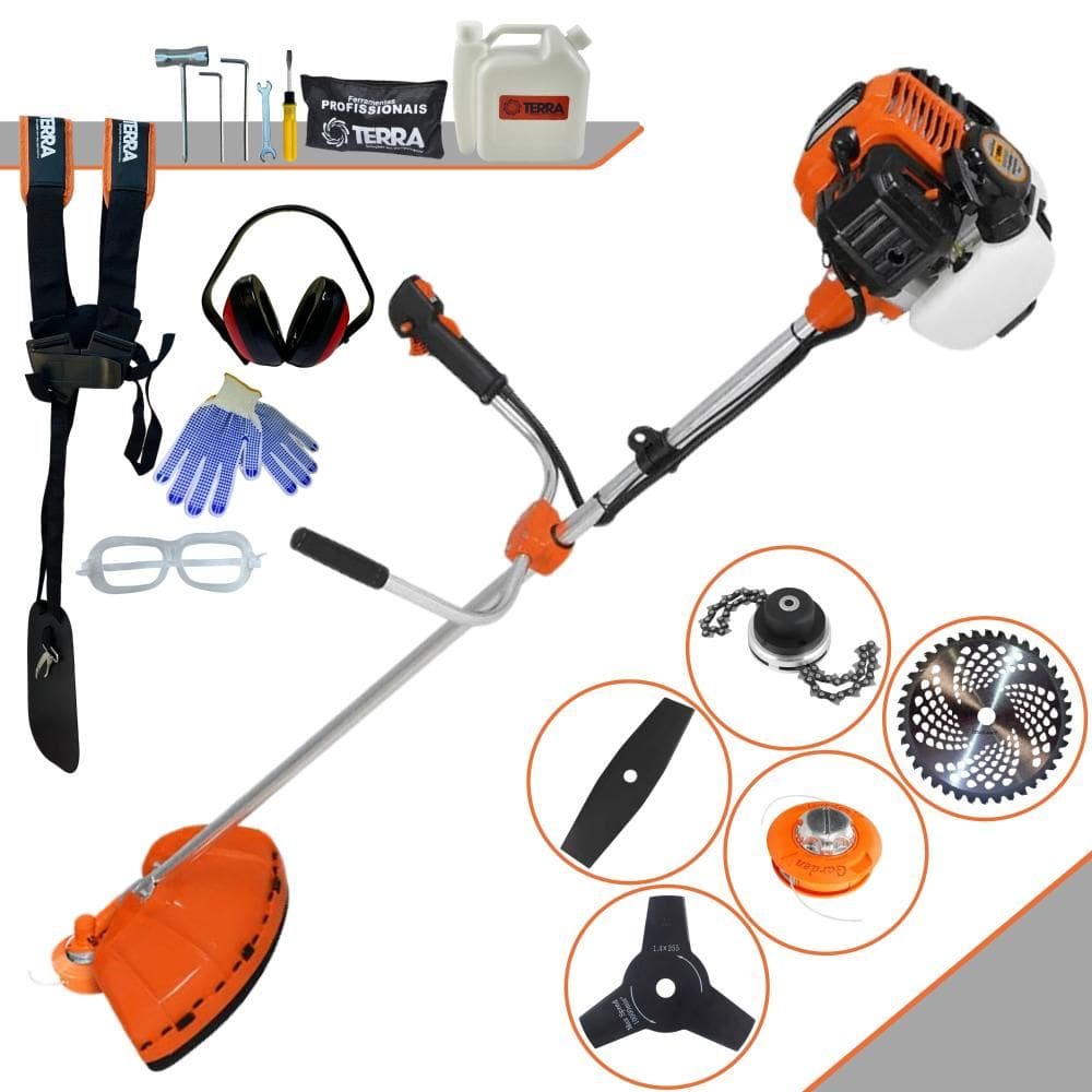 Podador de Grama À Gasolina Terra GR520-XP 52cc 2,5HP 6.500rpm Completa Com Carretel + Faca 2 Pontas + Faca 3 Pontas + Faca 40 Dentes + Trimmer + EPI
