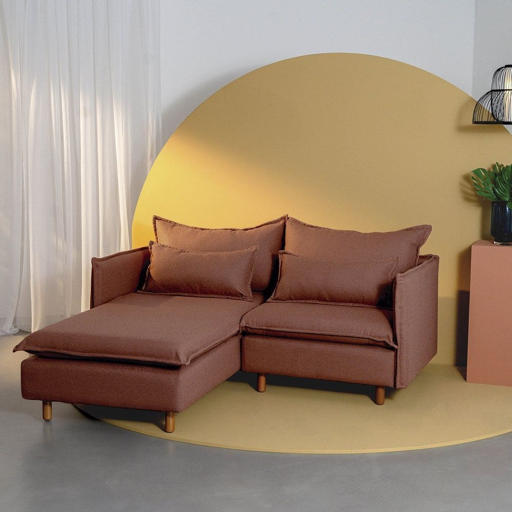 Sofá Modular 2 Lugares com Chaise e Pé Madeira Sôma Cabecasa Madeiramadeira Mocha Mousse