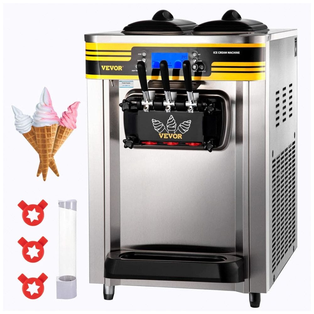 Máquina de Sorvete Comercial VEVOR, Produção de 22-30LH, Máquina Soft Serve de Bancada de 2350W com 2 Recipientes de 6L e Cilindro de 2L