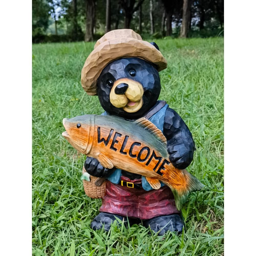 Escultura de jardim, urso de presente de alta linha com peixe, 28x18 cm