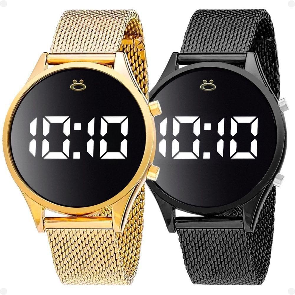 Relogio Digital Aço Feminino + Relogio Silicone Led Preto Casual Led Presente Silicone Preto Dourado