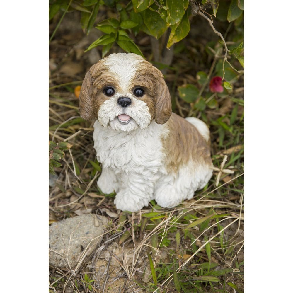 Estátua de cachorro branco marrom sentado de Shih Tzu de alta linha