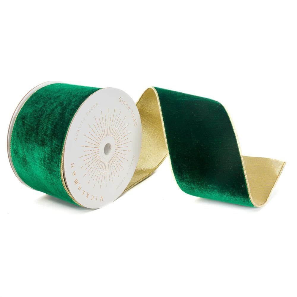 Fita decorativa Vickerman 10 m em veludo esmeralda com acabamento dourado