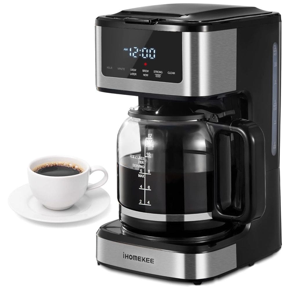 Máquina de Café Cafeteira Programável Ihomekee 12 Xícaras, Jarra de Vidro, Função Manter Aquecido, Desligamento Automático, Preta - 1,7 L