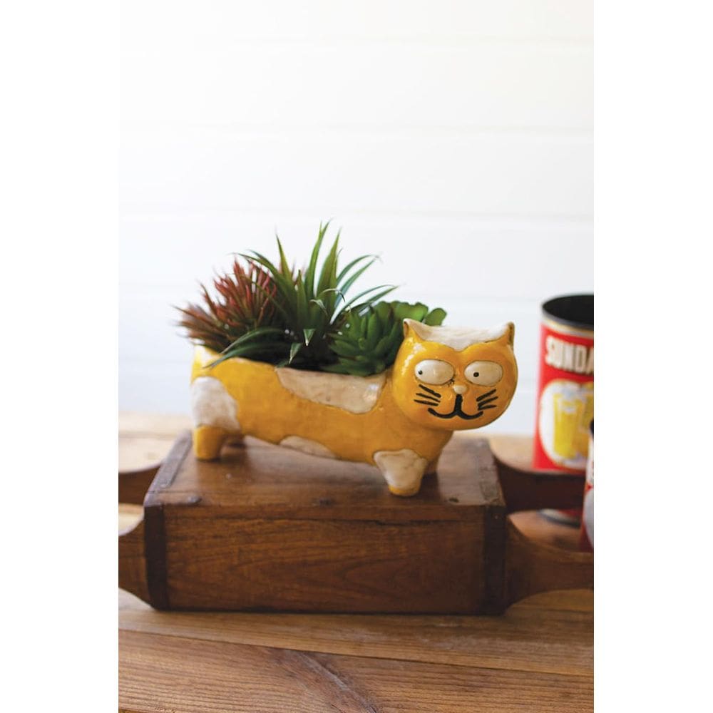 Plantador KALALOU Ceramic Yellow White Cat 25x9x13 cm