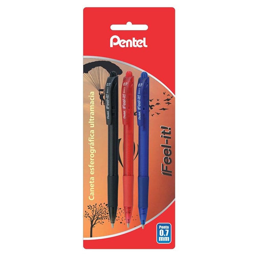 Caneta esfer 0.7 Feel It blister c/ 3 unid AZ/PT/VM Pentel