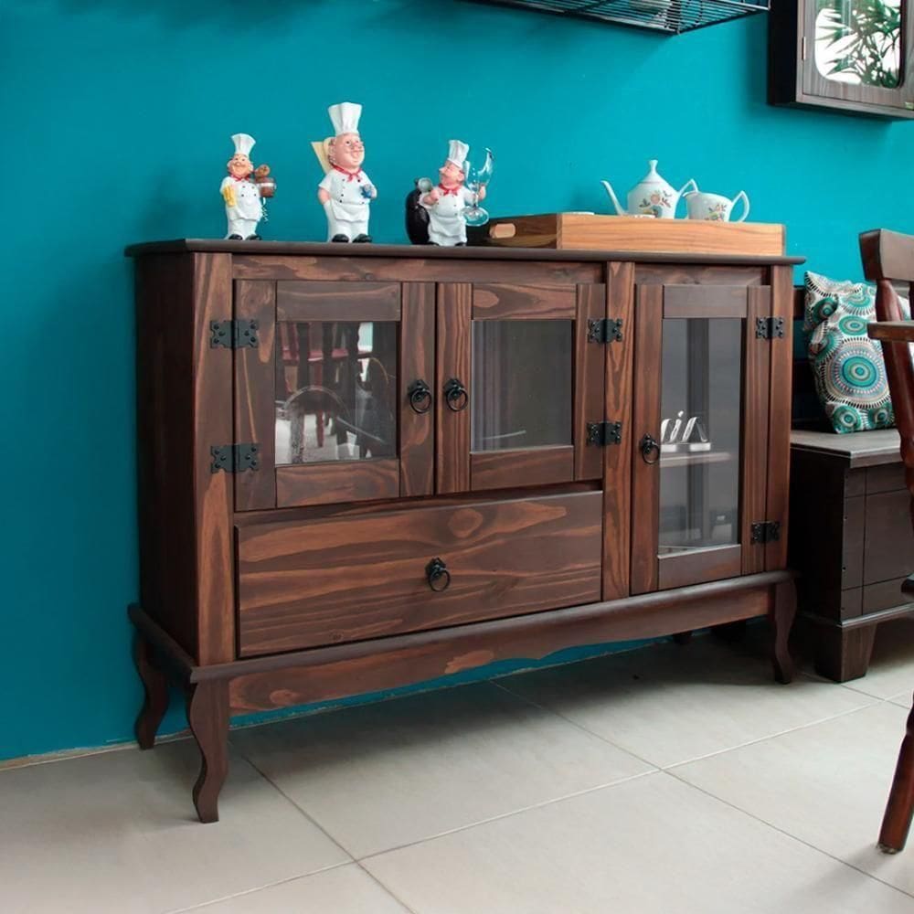 Balcão Para Cozinha 3 Portas Em Vidro Madeira Maciça Imbuia Repleta