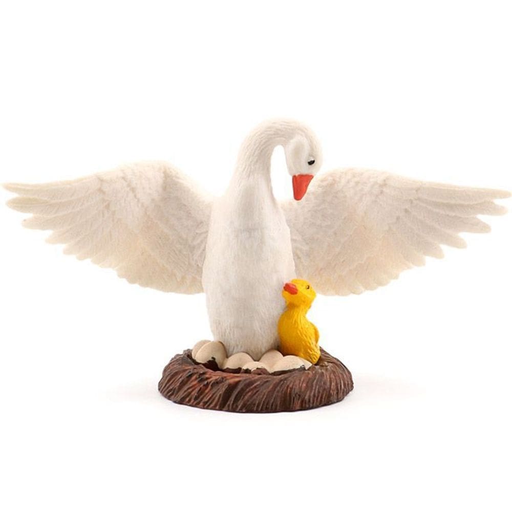 Estatueta de cisne realista com patinho bebê em PVC de 13 cm