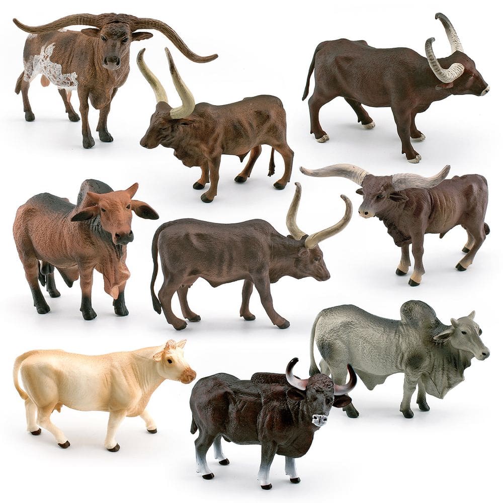 Conjunto de bonecos Longhorn Cattle & Bison de 9 peças - PVC Tex