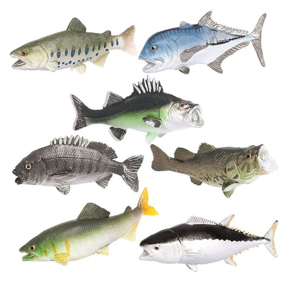 Conjunto de estatuetas de peixe realistas, 7 peças de PVC de truta e robalo