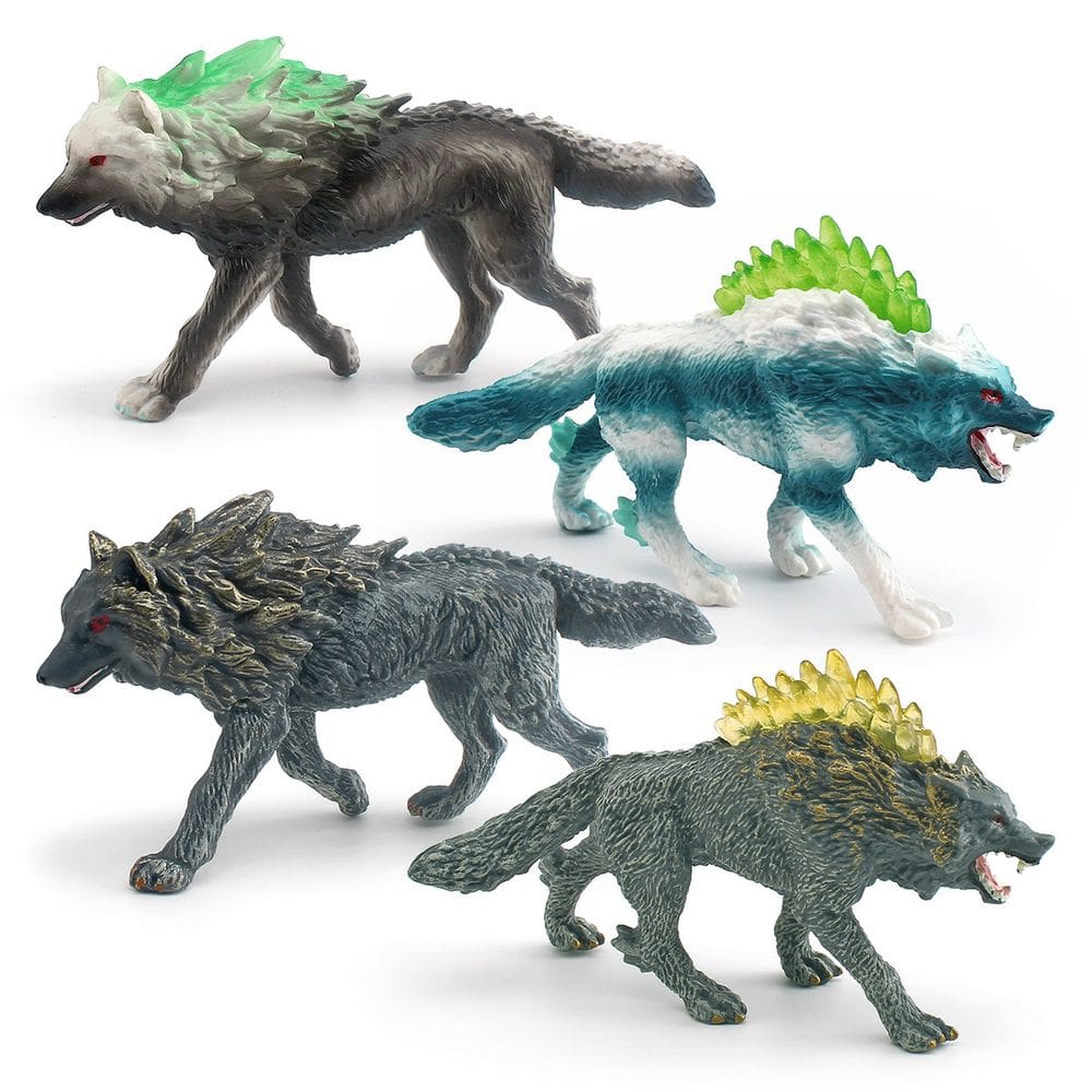 Conjunto de figuras de criaturas míticas de fantasia: lobo da neve e lobo do gelo