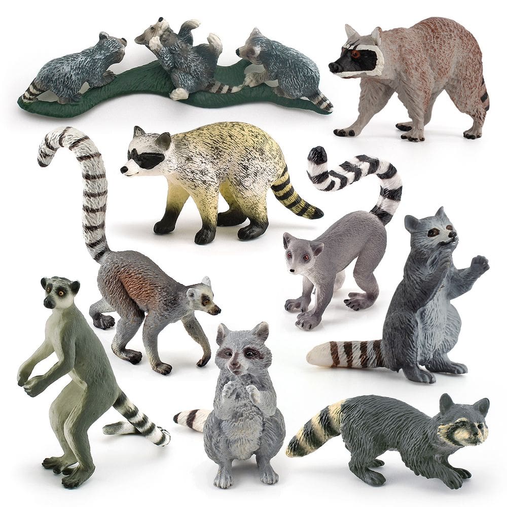Conjunto de figuras de animais realistas de guaxinim e lêmure, 9 unidades para crianças a partir de 3 anos