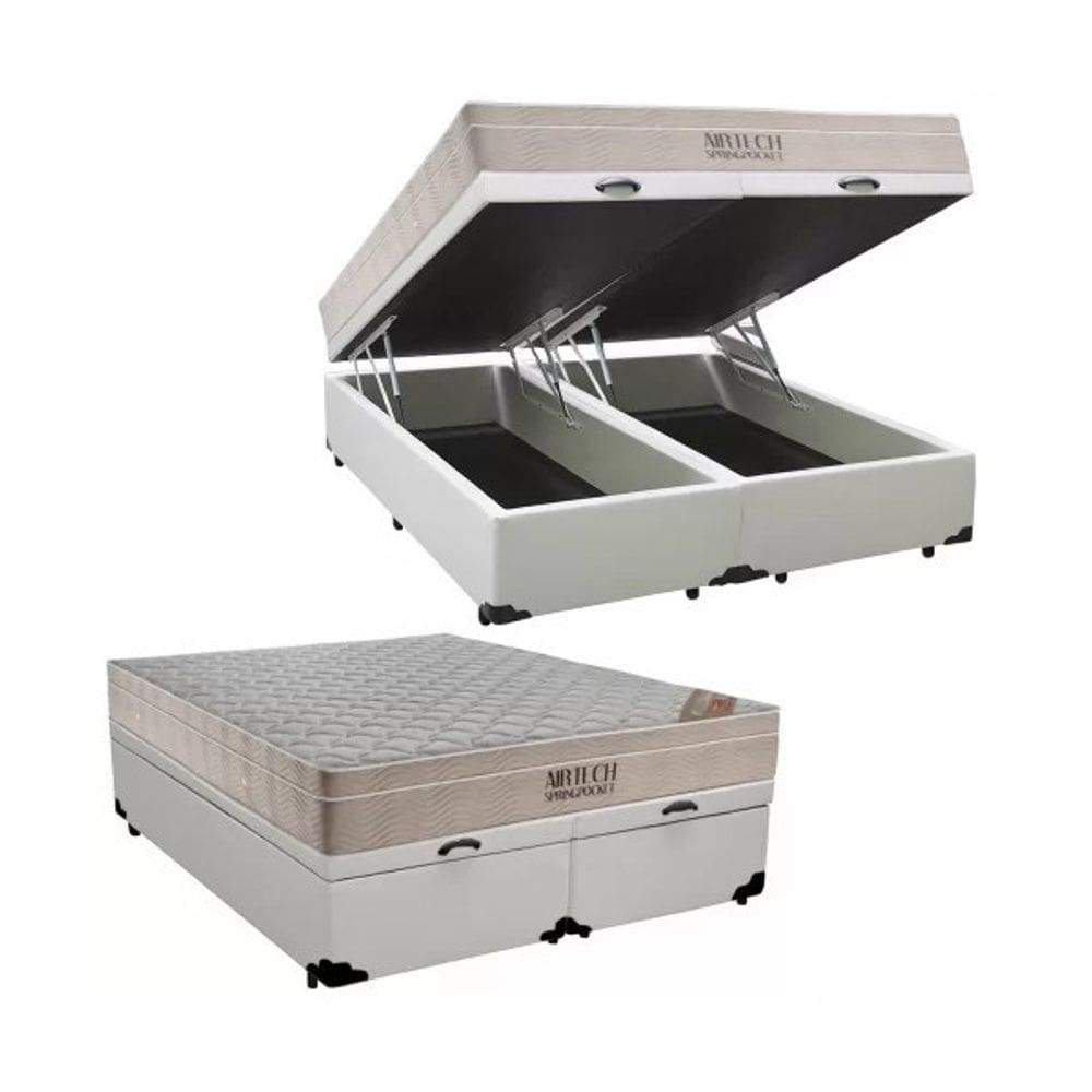 Cama Baú King Bipartido Branco Colchão Molas Ensacadas Airtech Spring 193x203 - Ortobom
