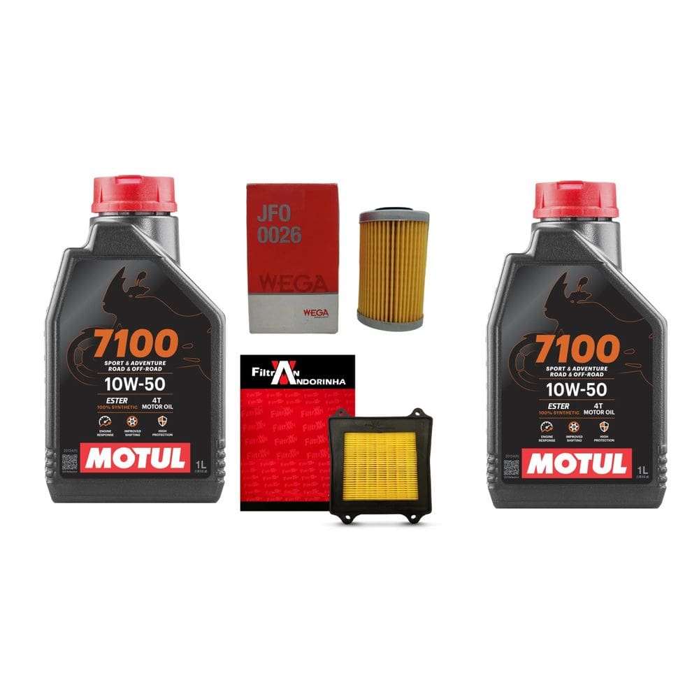 KIT MANUTENÇÃO REVISÃO 2l ÓLEO MOTUL SINTÉTICO 7100 10W50 4T + FILTRO AR FILTRAN + FILTRO OLEO WEGA BAJAJ DOMINAR