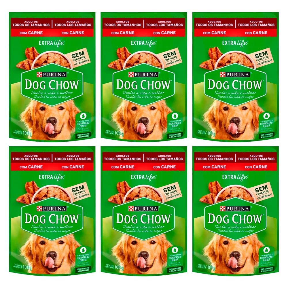 Kit 6 Ração para Cães Dog Chow Vida Saudável Adultos Sachê Sabor Carne ao Molho com 100g