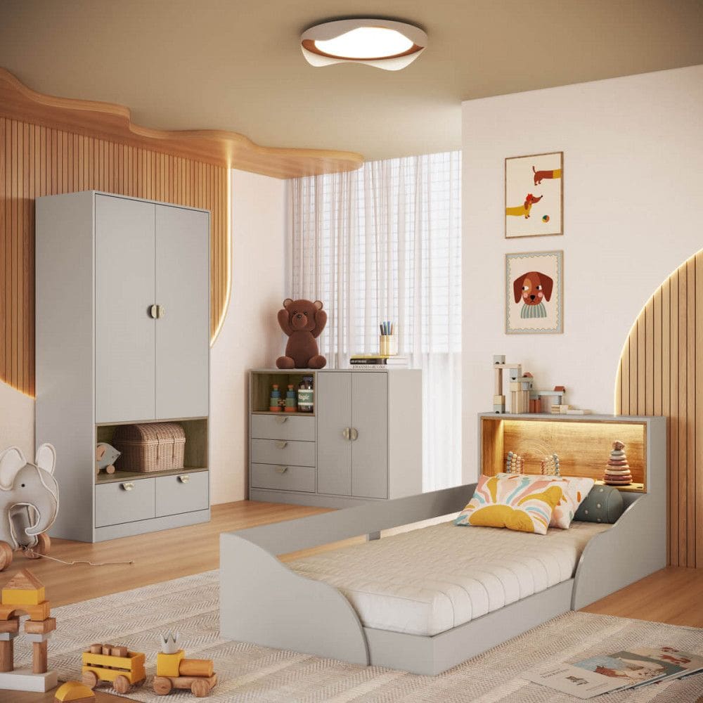 Quarto Infantil Cama Solteiro Montessoriana Led C?moda Guarda roupa CJ076 Lille Art In M?veis