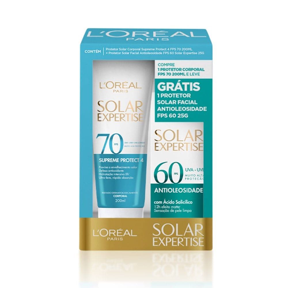 Protetor Solar Corporal L`oreal Paris Solar Expertise Supreme Protect 4 FPS 70 200ml e Protetor Solar Facial Antioleosidade FPS 60 25g