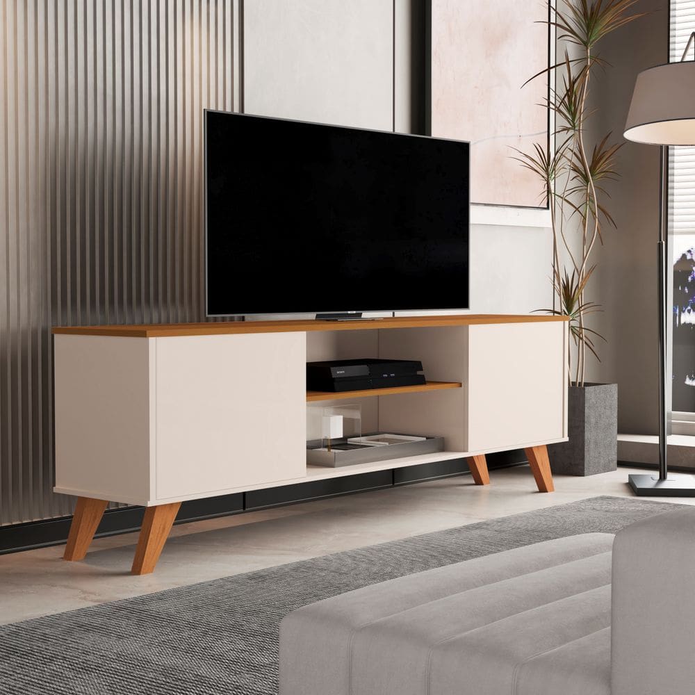 Rack Bancada TV Até 58 Polegadas Pés Madeira Portas Nichos Helena