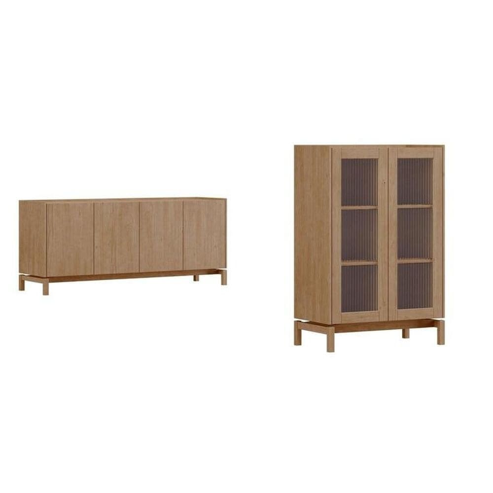Conjunto Cristaleira 2 Portas + Balcão 4 Portas em Madeira Maciça - Linha Barcelona Tauari