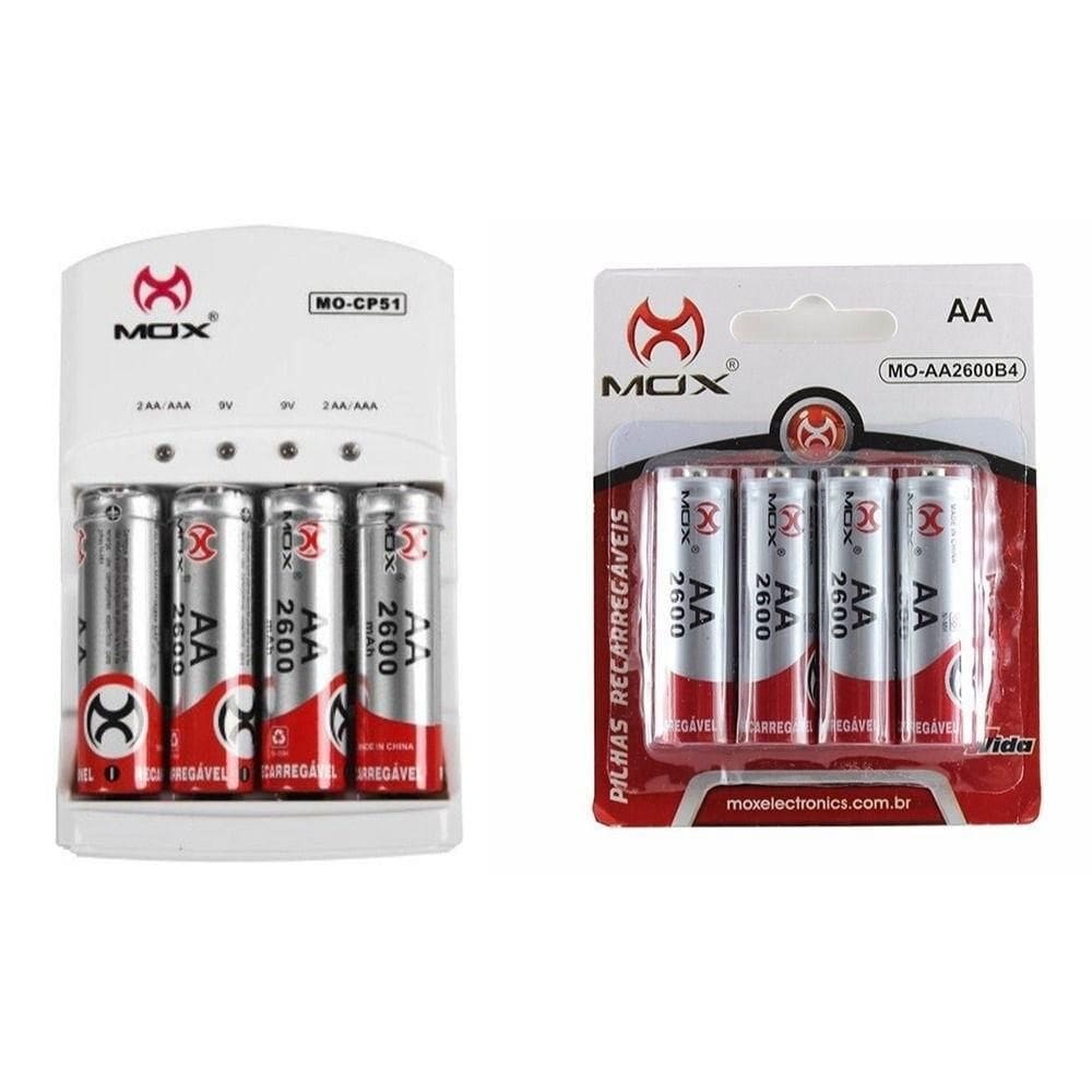 Carregador Mox Rápido Bivolt + 8 Pilhas Recarregável AA 2600Mha