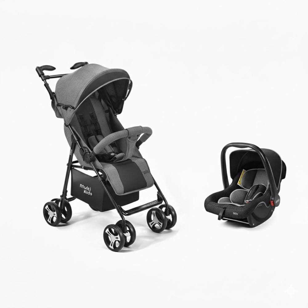 Carrinho Flick Preto e Cinza e Bebê Conforto Rest Multikids