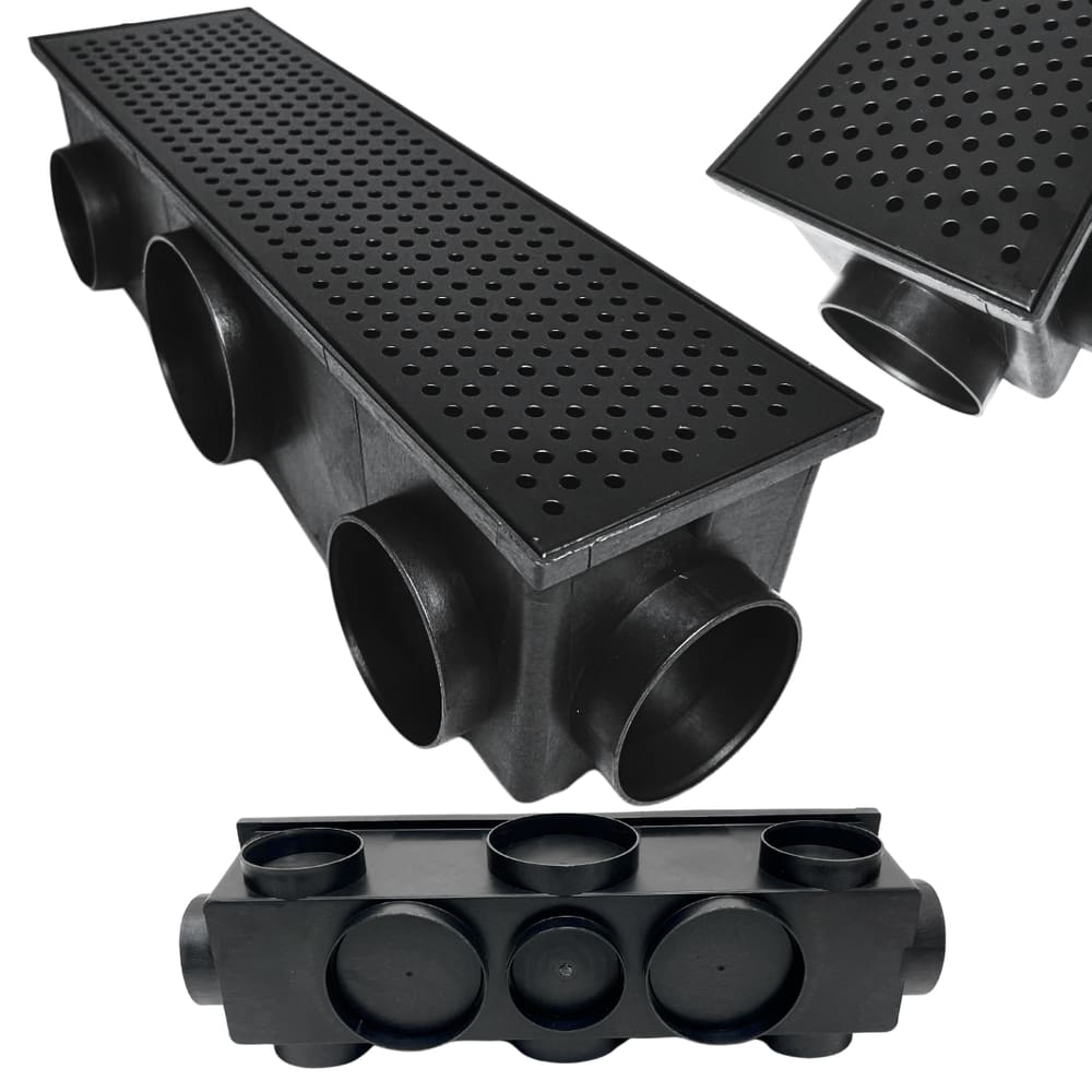 Ralo Quintal 15x50 Aço Preto Perfurado Coletor Preto 11 Saídas Borda de Piscina