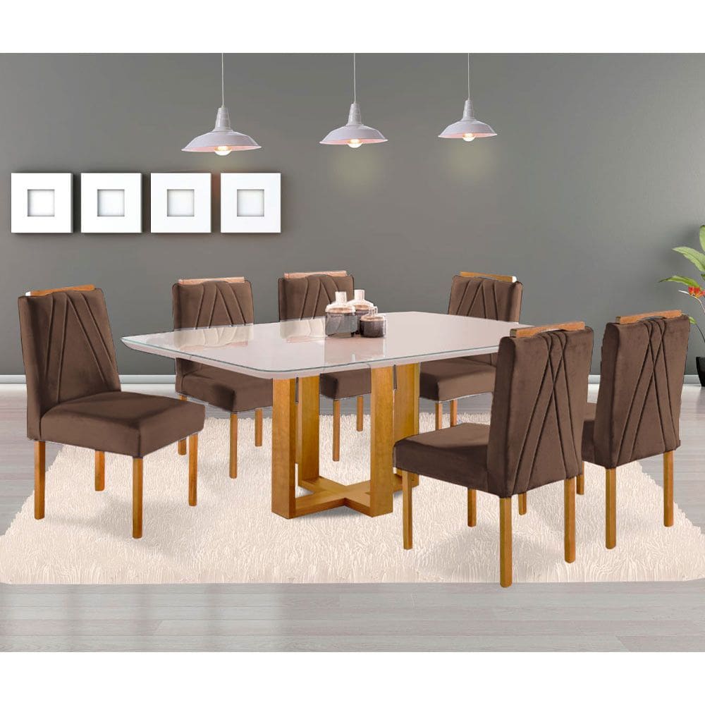 Conjunto Sala de Jantar 6 Lugares Mesa Lisy Madeira Maciça e 6 Cadeiras Safira Veludo Móveis Mundial