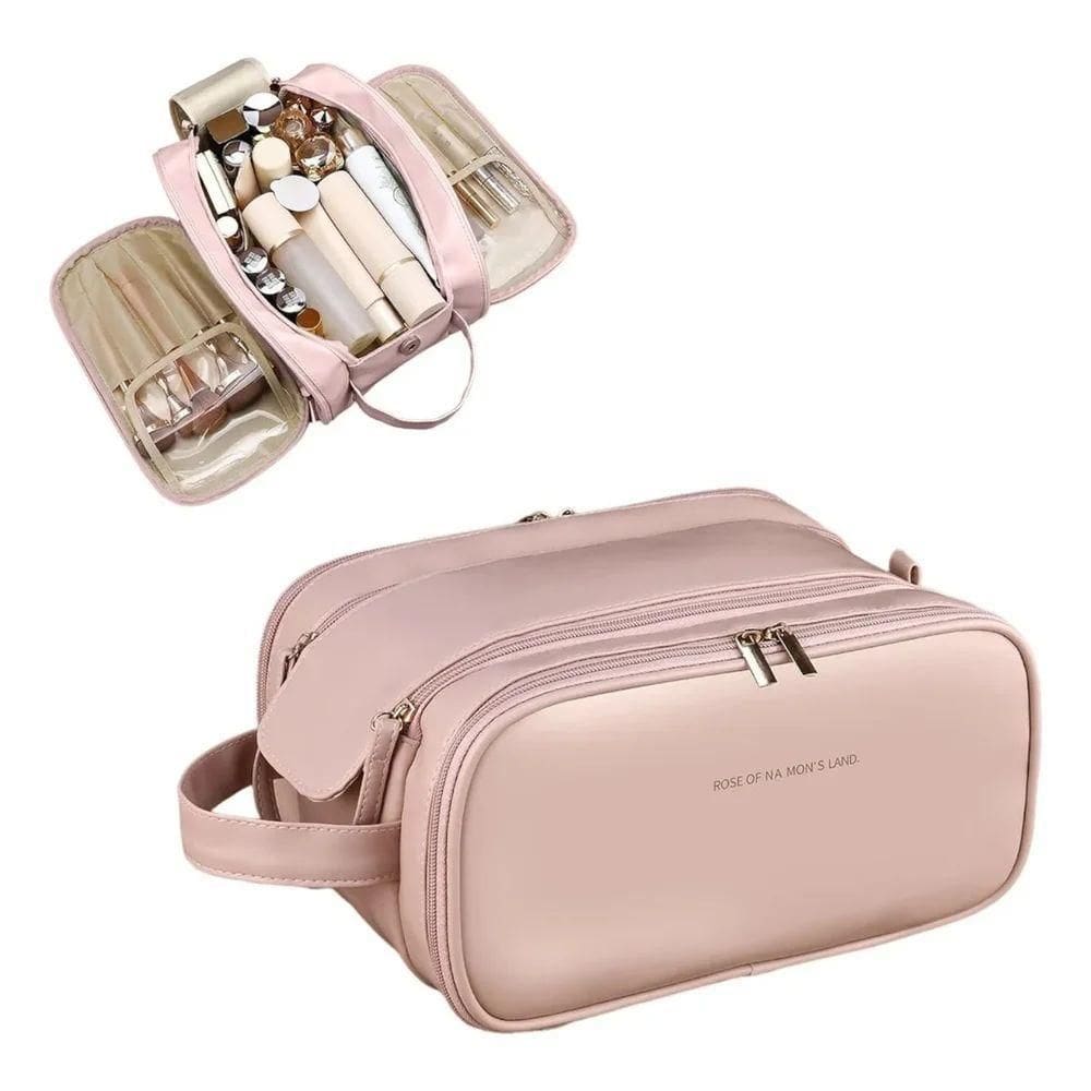 Necessaire Grande Rosa Com Zíper Duplo Para Viagem - Estilo E Praticidade Em Um Só Lugar