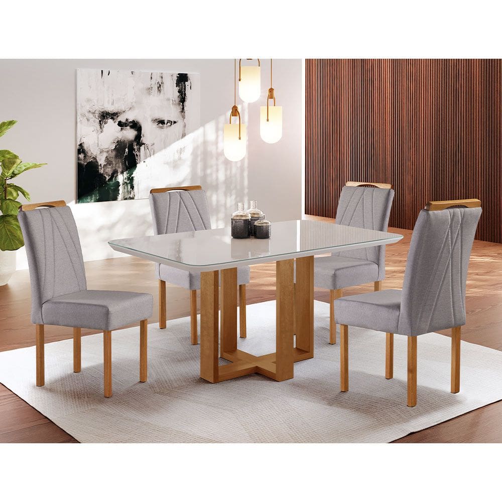 Conjunto Sala de Jantar Londes Mesa e 4 Cadeiras Madeira Maciça Linho Móveis Mundial