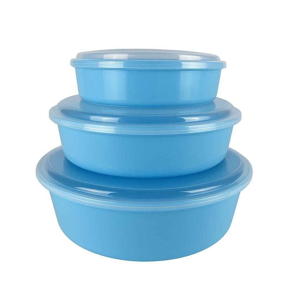 Kit 3 Potes Marmita E Lanche Redondos Multiuso Fitness Organizador Alimentos Plastico Azul